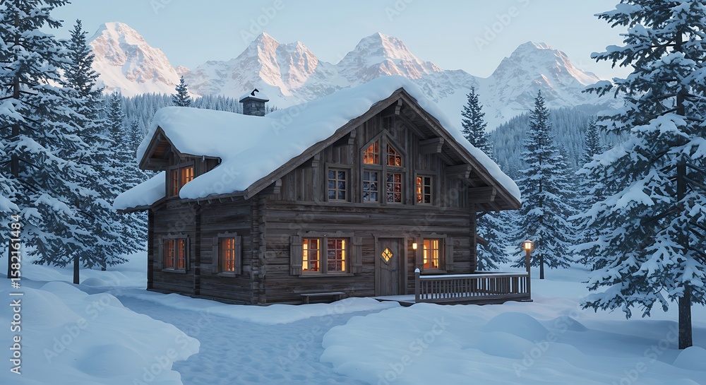 Fototapeta premium 雪山と静寂のログハウス