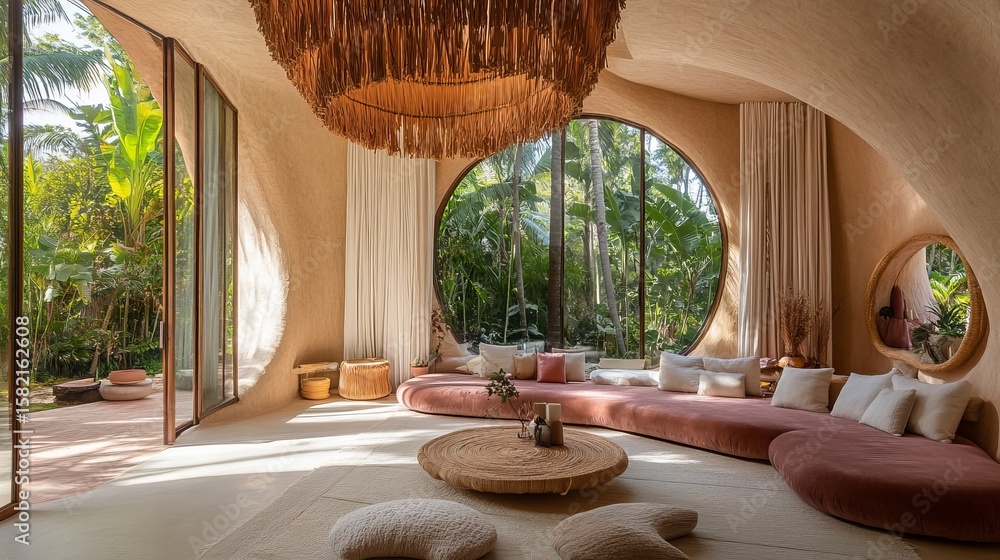 Fototapeta premium Serene living room with organic curves, earthy tones, and large circular windows overlooking lush tropical greenery