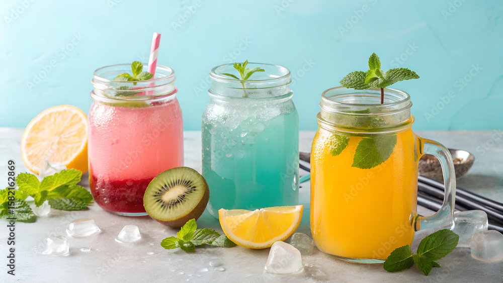 Fototapeta premium A colorful array of homemade lemonades in mason jars, showcasing refreshing flavors like lemon, kiwi, and mixed berries, garnished with mint and served with ice on a bright table