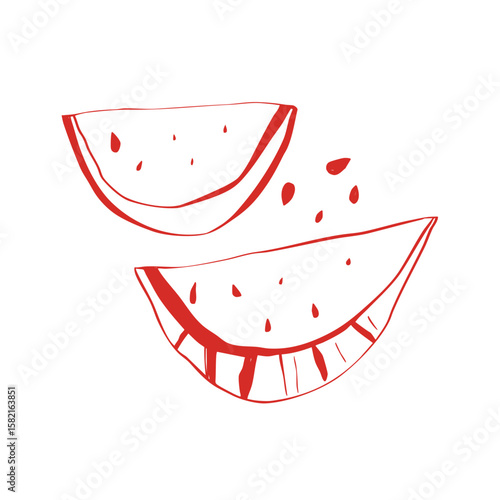 Minimal watermelon slice sketch with seeds in hand drawn doodle style on white background