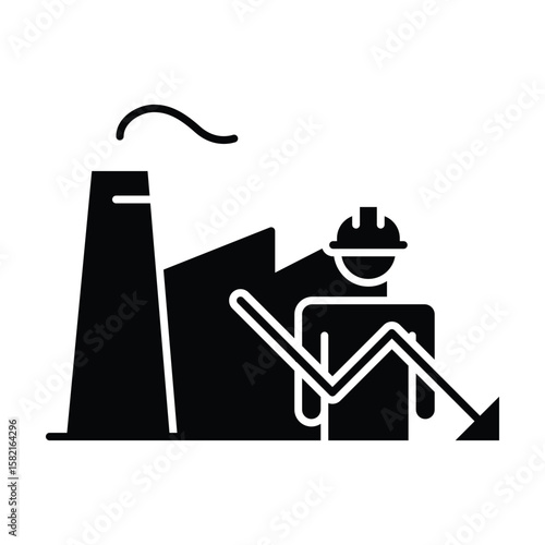 Factory Labor Shortage Icon. Glyph Style. Vector. Industrial Worker and Declining Productivity Graph. Workforce Crisis in Manufacturing. Job Vacancy Impact. Staff Deficit Illustrati