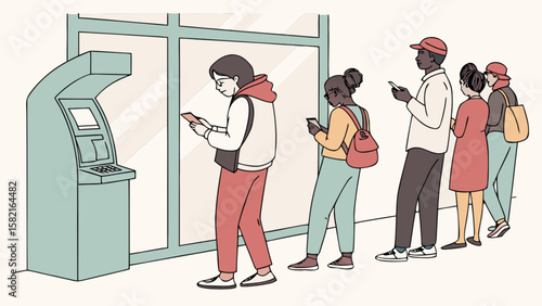 People waiting in line at the atm machine
