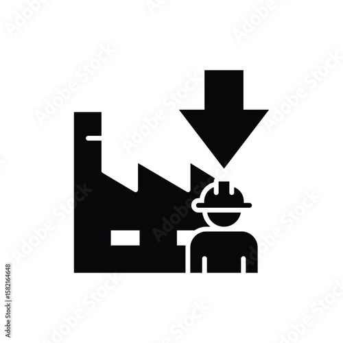 Manufacturing Workforce Decline Icon. Glyph Style. Vector. Factory with Down Arrow and Single Worker. Labor Shortage Crisis. Staff Reduction in Industry. Employee Drop and Productiv