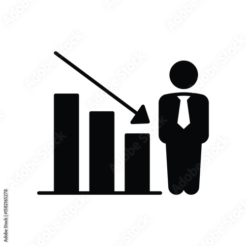 Employment Decline Icon. Glyph Style. Vector. Worker Beside Downward Bar Graph. Labor Shortage Impact. Productivity Drop. Job Market Crisis. Workforce Reduction and Business Loss Co