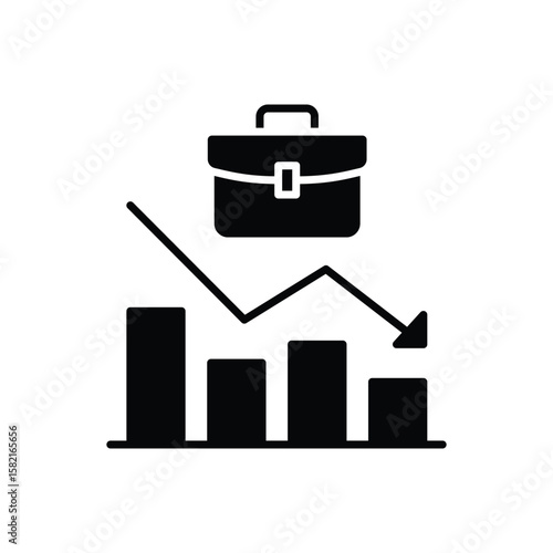 Declining Job Market Icon. Glyph Style. Vector. Briefcase with Downward Bar Graph. Labor Shortage Problem. Employment Drop. Career Crisis Symbol. Business Productivity Decline Illus