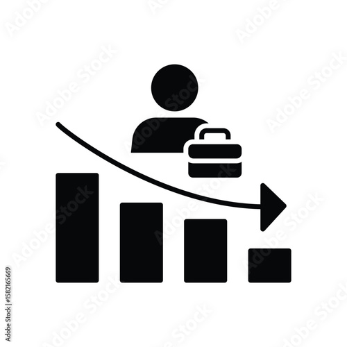 Job Market Downturn Icon. Glyph Style. Vector. Employee with Briefcase on Declining Bar Chart. Labor Shortage Crisis. Workforce Loss and Employment Reduction. Economic Impact Concep