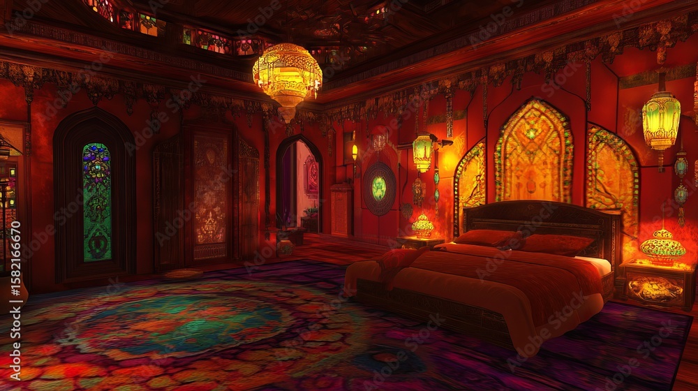 Obraz premium A richly decorated bedroom with warm lighting, intricate arches, stained glass, and vibrant rugs, evoking a luxurious Middle Eastern or Arabian Nights atmosphere