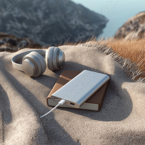Power bank charging a phone on a blanket or soft surface travel tech concept