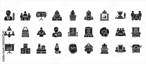 Workshop-themed icon pack in flat style—focus on skill development and team interaction.

