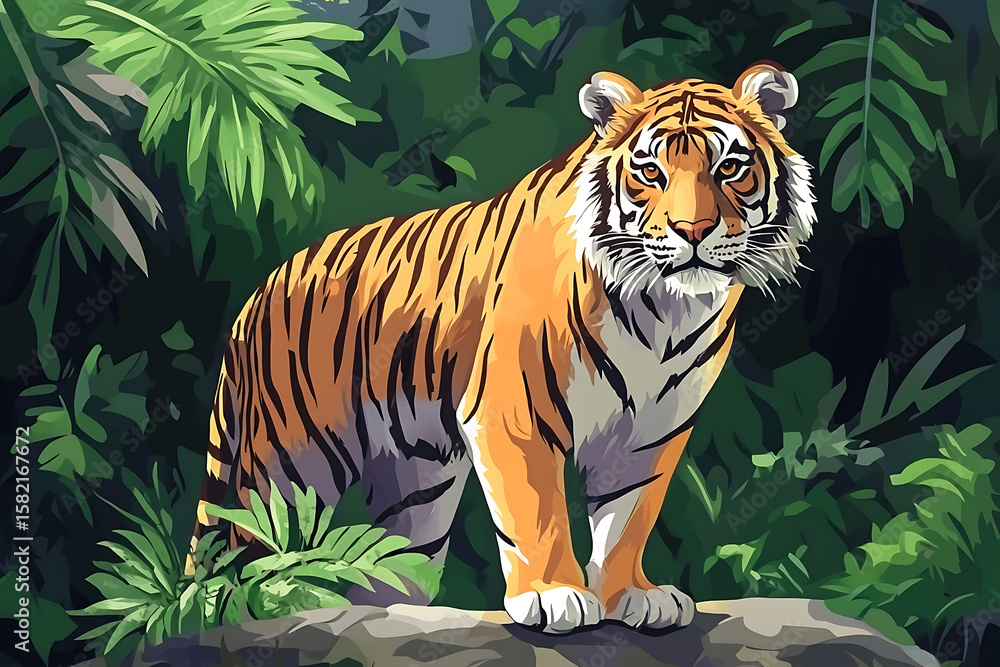 Obraz premium Majestic tiger standing on a rock amidst lush green jungle foliage, showcasing nature's beauty