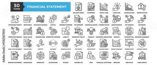 50 Financial Statement icon set. Containing design Balance Sheet, Income Statement, Profit Loss , Liabilities, Depreciation, Amortization 
