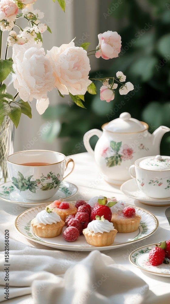 Elegant Tea Party with Floral China and Mini Tarts Elegant Tea Party with Floral China and Mini Tarts