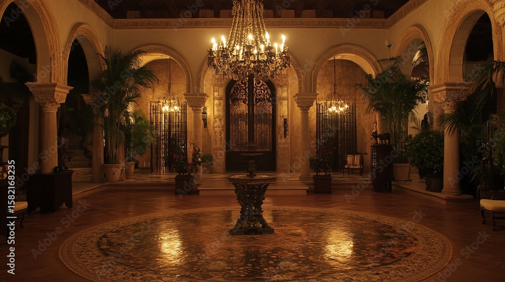 Obraz premium Opulent interior courtyard with a grand chandelier, arched entryways, mosaic flooring, and potted plants