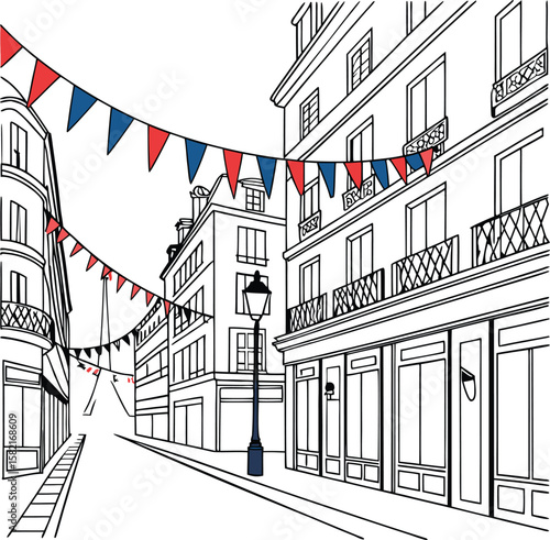 city street with flags and buildings in perspective