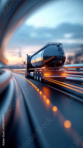 Fuel Tanker Truck on Highway at Dusk