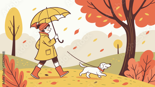 Autumn walk with dog in the park
