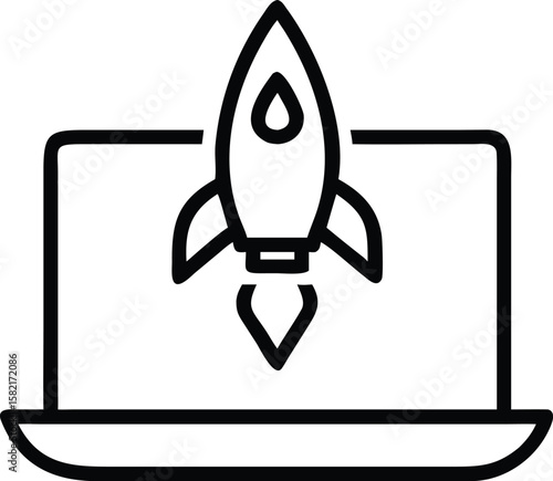 Laptop Rocket Launch: Startup Icon, Business Growth, Technology Innovation, Digital Success Symbol.