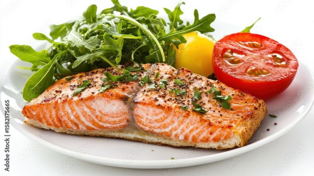 Plate with salmon, arugula, lemon, and tomato slice Plate with salmon, arugula, lemon, and tomato slice