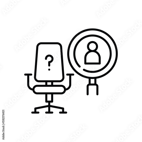 Searching for Employee Icon. Outline Style. Vector. Vacant Office Chair with Magnifying Glass. Labor Shortage Concept. Recruitment Problem. HR Workforce Hiring Illustration
