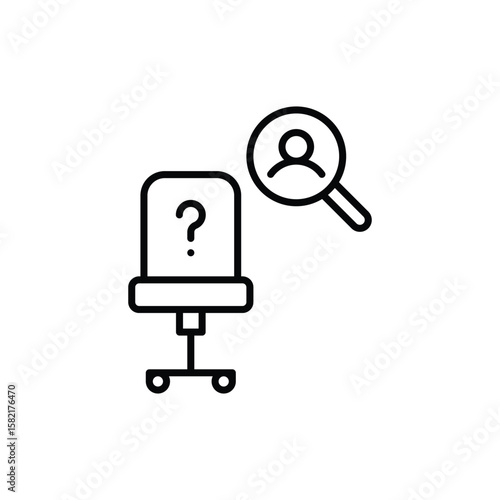Candidate Search Icon. Outline Style. Vector. Vacant Office Chair and Magnifying Glass with Person Symbol. Labor Shortage Issue. HR Recruitment. Job Hiring and Workforce Gap Concept