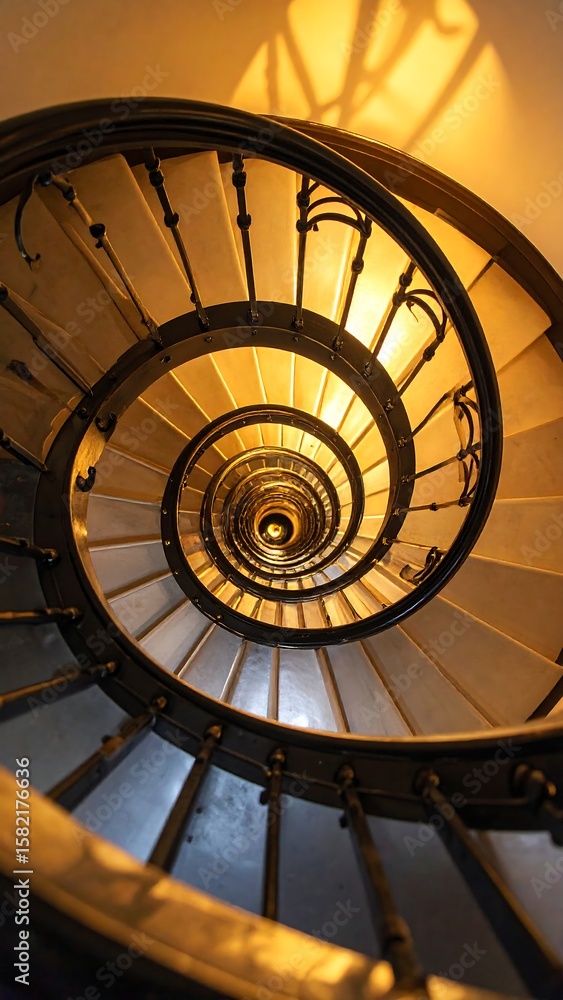 Fototapeta premium Spiral staircase, warm light, ornate metal railing