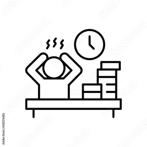 Overworked Employee Icon. Outline Style. Vector. Stressed Worker at Office Desk with Paper Stack and Clock. Labor Shortage Crisis. Burnout Problem. Productivity Pressure Symbol