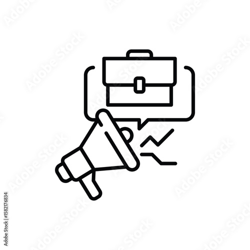 Job Hiring Announcement Icon. Outline Style. Vector. Megaphone with Briefcase and Declining Graph Symbol. Labor Shortage Crisis. Staff Recruitment Call. Workforce Alert Notification