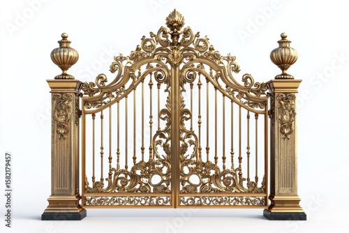 A majestic golden gate intricately adorned with baroque designs under soft light in white background. Generative Ai