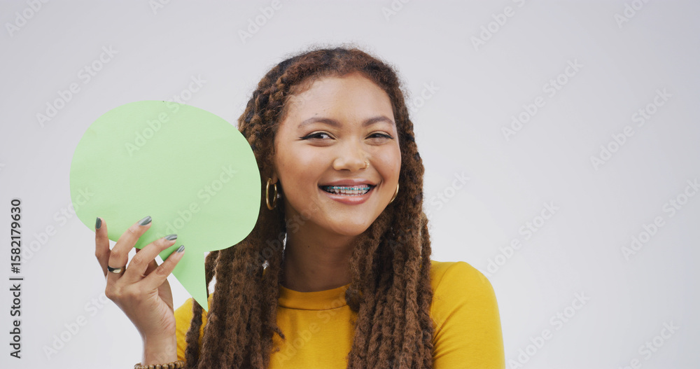 Braces, portrait and speech bubble with woman in studio for communication, opinion or voice. Dialogue, mockup space and social media with African person isolated on white background for message Braces, portrait and speech bubble with woman in studio for communication, opinion or voice. Dialogue, mockup space and social media with African person isolated on white background for message