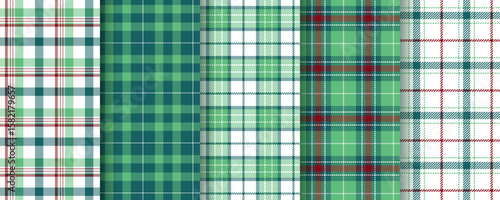 Christmas seamless pattern. Plaid background. Set gingham fabrics. Check tartan texture. Flannel green red print. Lumberjack tablecloth. Vichy shirt textile. Checkered cloth. Vector illustration