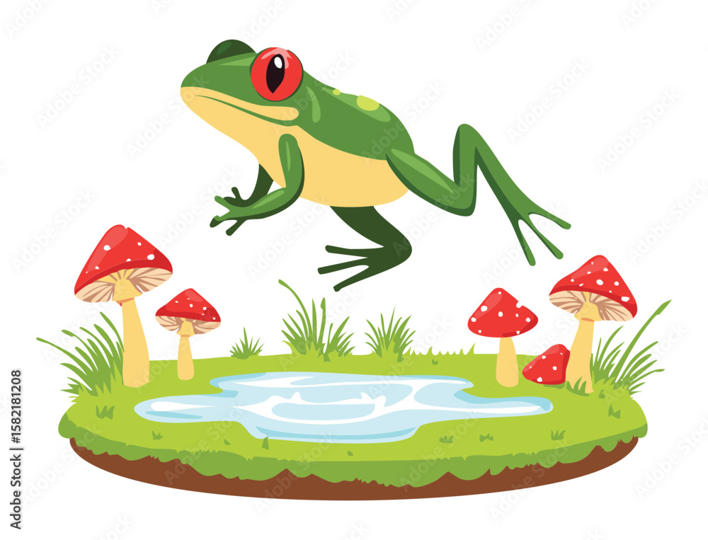 Fototapeta premium Playful Frog Leaping Near Red Mushrooms Pond