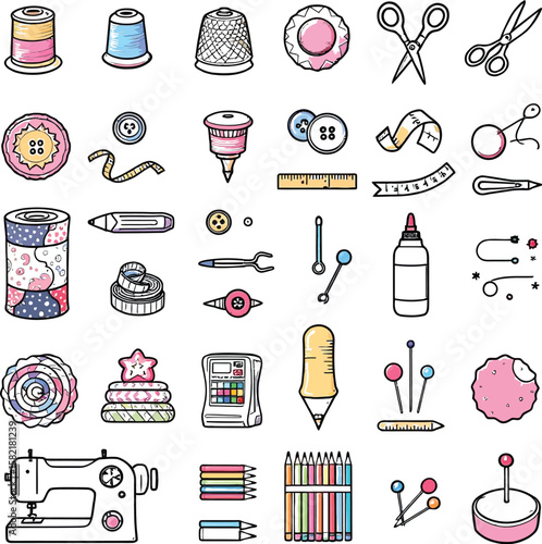  Colorful Sewing & Quilting Tools Vector Set: Crafting & Tailoring Supplies Collection