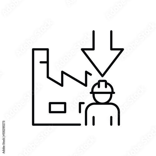 Manufacturing Workforce Decline Icon. Outline Style. Vector. Factory with Down Arrow and Single Worker. Labor Shortage Crisis. Staff Reduction in Industry. Employee Drop and Productiv