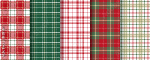 Checkered pattern. Christmas seamless background. Set green red plaid prints. Tartan shirt cloth. Vichy lumberjack tablecloth. Flannel gingham textures. Geometric check backdrops. Vector illustration