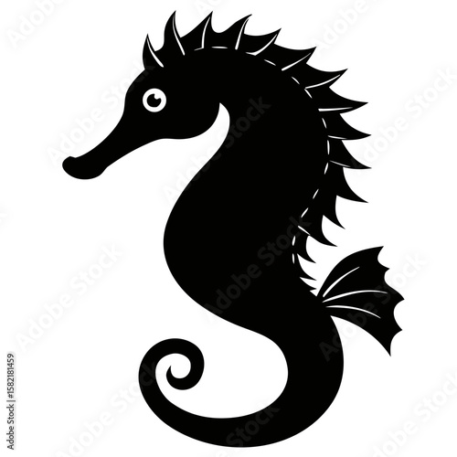 Graceful seahorse silhouette vector art showcases a black design against a white background, perfect for nautical themes and creative projects.