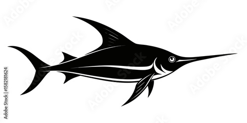 A striking black vector silhouette of a swordfish against a clean white background showcases this majestic sea animal in a minimalist design.