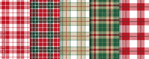 Plaid check pattern. Christmas seamless background. Set red green backdrops. Gingham shirt prints. Tartan fabric cloth. Vichy flannel texture. Geometric lumberjack tablecloth. Vector illustration