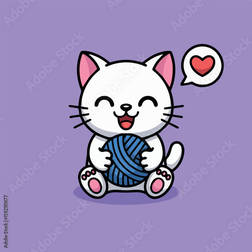 Cute kawaii cat playing with yarn ball vector illustration adorable kitten graphic design art for kids vector