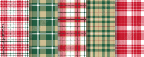 Tartan seamless pattern. Christmas plaid background. Flannel green red texture. Gingham fabrics. Lumberjack check tablecloth. Vichy cloth prints. Buffalo abstract textile design. Vector illustration