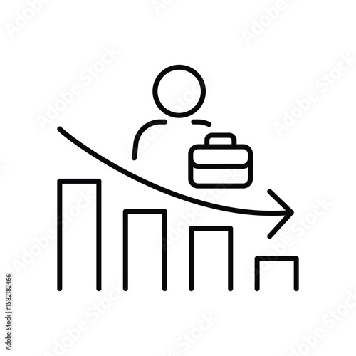 Job Market Downturn Icon. Outline Style. Vector. Employee with Briefcase on Declining Bar Chart. Labor Shortage Crisis. Workforce Loss and Employment Reduction. Economic Impact Concep