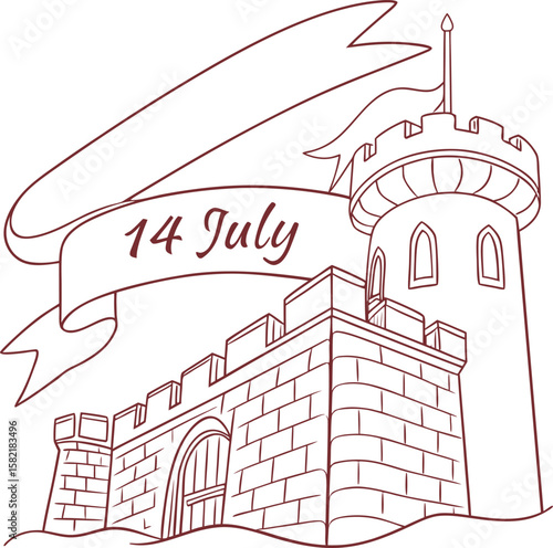 castle with flag and ribbon fourteen july drawing