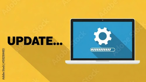 A laptop displays the word update with a progress bar and a gear icon on its screen