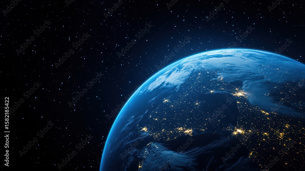 Naklejka premium Earth illuminated at night from space perspective