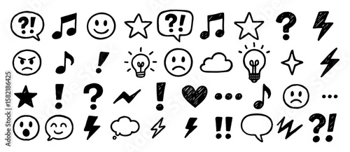 Doodle style hand drawn assorted symbols and icons
