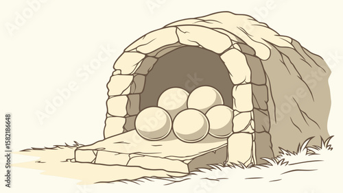 Illustration of a stone cave with a pile of round white eggs inside on a light background color