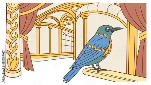 A blue bird perched on a window sill inside a room with ornate columns and arched window frames