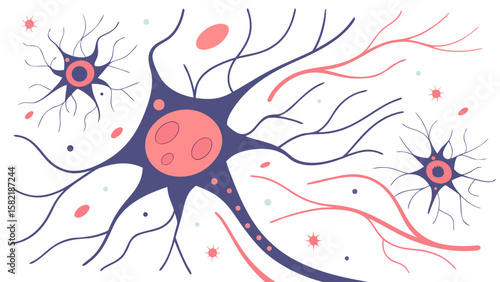 Illustration of neurons and nerve cells with dendrites and axons on a white background design