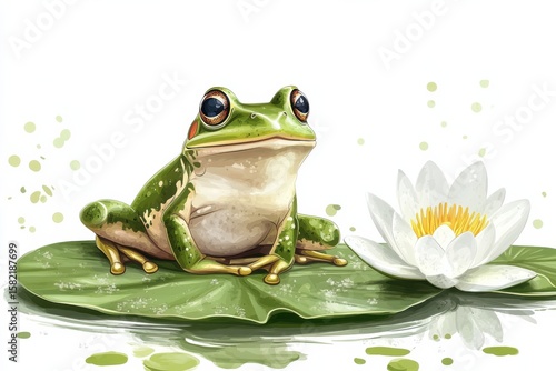 A serene green frog contemplating life beside a delicate water lily blossom art in white background. Generative Ai