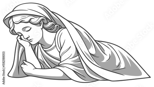Illustration of a woman with a draped head covering resting her head on her hand in a serene pose