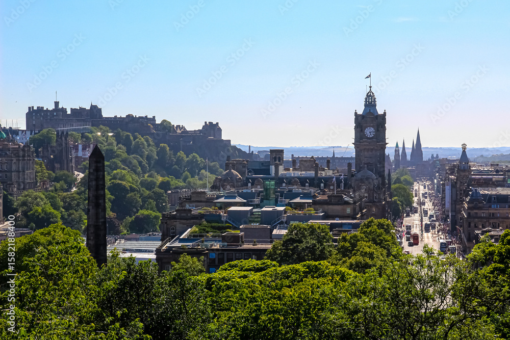 Fototapeta premium View or Edinburgh Castle the Balmoral Hotel and Princes Street looking West from Calton Hill in Edinburgh Scotland